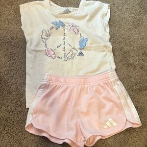 Adidas White Tee with Blue and Pink Butterflies and Pink Shorts
